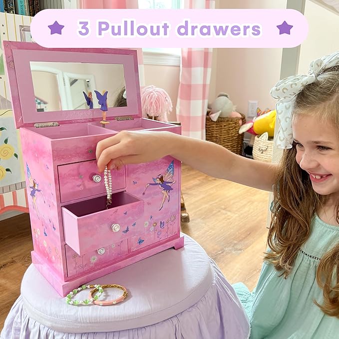 Jewelkeeper Jewelry Box - Jewelry Box for Girls with Ballerina Music Box - 3 Spacious Drawers, Necklace Carousel, Soft Pink Lining and Flowers Design - Sugar Plum Fairy Tune - 9.5 x 7.75 x 9.5 in