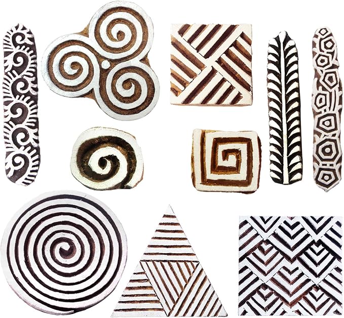 Royal Kraft Wooden Stamps for Block Printing on Saree Border, Textile, Clay, Pottery, Tattoo (Set of 10) MXtag0013