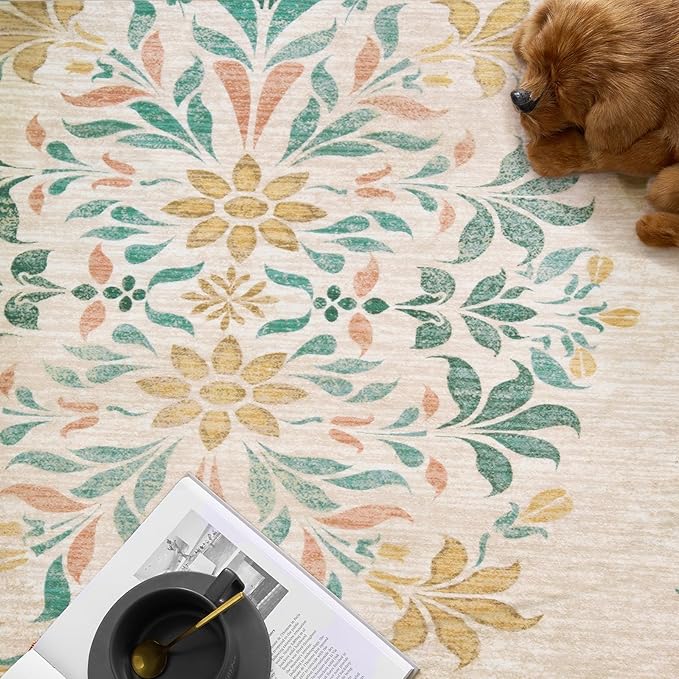 jinchan Round Rug 4ft Area Rugs Vintage Floral Distressed Design,Machine Washable Soft Non-Slip Low-Pile Ultra-Thin Circle Rug for Entryway Bedside Living Room Kitchen Nursery (4' Round,Apricot Multi)