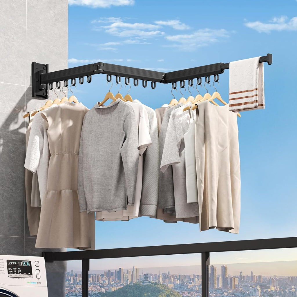 Wall Mounted Clothes Drying Rack, Retractable & Collapsible, Foldable Black-Ring Laundry Hanger