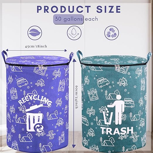 2 Pcs 30 Gallon Collapsible Trash Can Portable Waterproof Reusable with Zippered Lid for RV's, Camping, Recycling, Yard Waste, Leaf Bag, Children Toy Bin (Trash and Recycling)