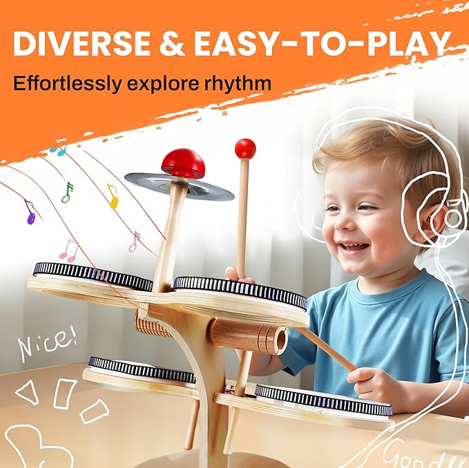 iPlay, iLearn Toddler Wooden Drum Set, Kids Musical Instruments Toy, 8 in 1 Percussion Drum Kit W/Xylophone Cymbal, Baby Montessori Learning Birthday Gifts for 18 Month, 2 3 4 5 6 Year Old Boy Girl