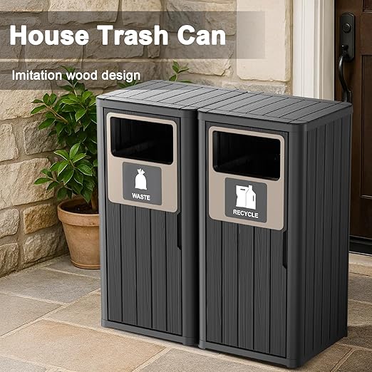 Outdoor Double Barrel Trash Can,Waterproof Resin Garbage Can with Garbage Labels,Durable Waste Bin for Porch, Backyard,Kitchen,for 30 to 39 Gallon Trash Bags