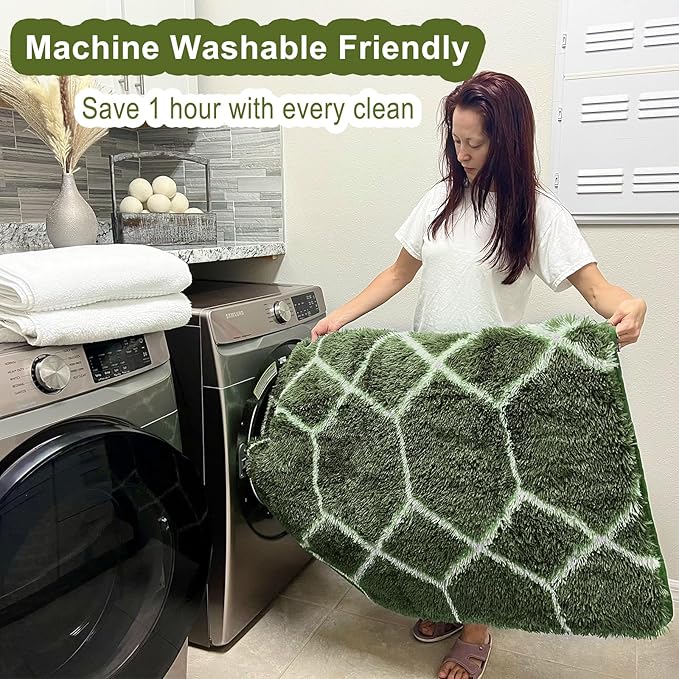 ONASAR Area Rugs for Bedroom Living Room, Washable 4x6 Fluffy Olive Green and White Throw Rug, Shaggy Geometric Floor Mat for Home Decor Aesthetic, Soft Plush Fuzzy Carpet for Nursery Kids Teen Dorm