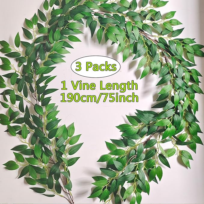Artificial Italian Ruscus Vines, 3Pcs/75 Silk Vine Garland with Green Leaves, Fake Hanging Plants Greenery Decor for Home, Bedroom, Wall, Party, Wedding Decoration(75inch/3pcs/Vines)