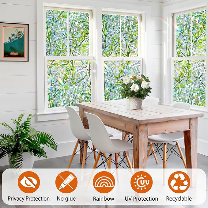 Niviy Window Privacy Film Stained Glass Window Film with Installation Tools, Rainbow Windows Decorative Decals Non-Adhesive Reusable for Home, Bathroom, Glass Door (Leaf Rainbow, 23.6 x 78.7 in)