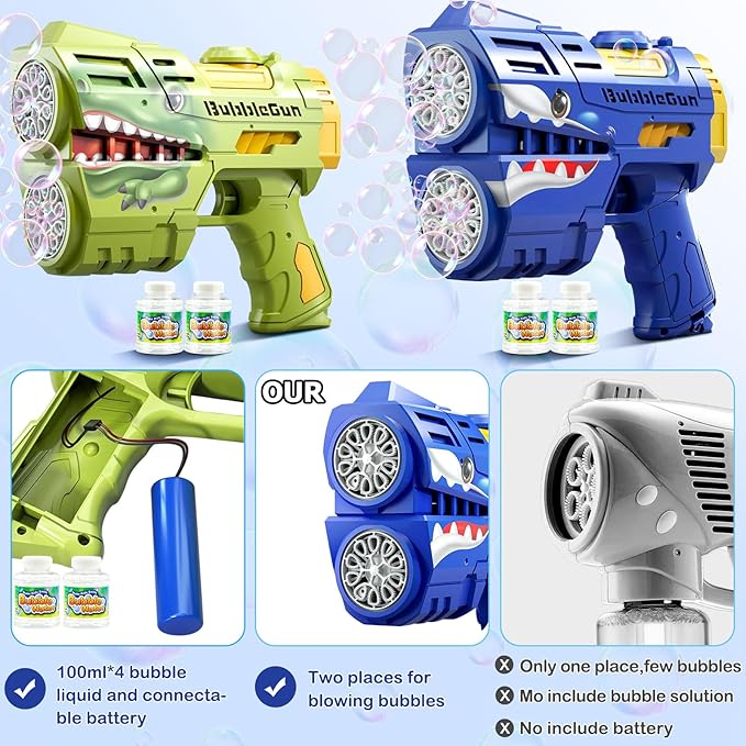 2 Pack Bubble Guns with 4 Bottles Refill Solution, LED Light Up Rechargeable Bubbles Machine Blower for Kids Toddlers 4-8, Outdoor Toys Gifts, Wedding Easter Party