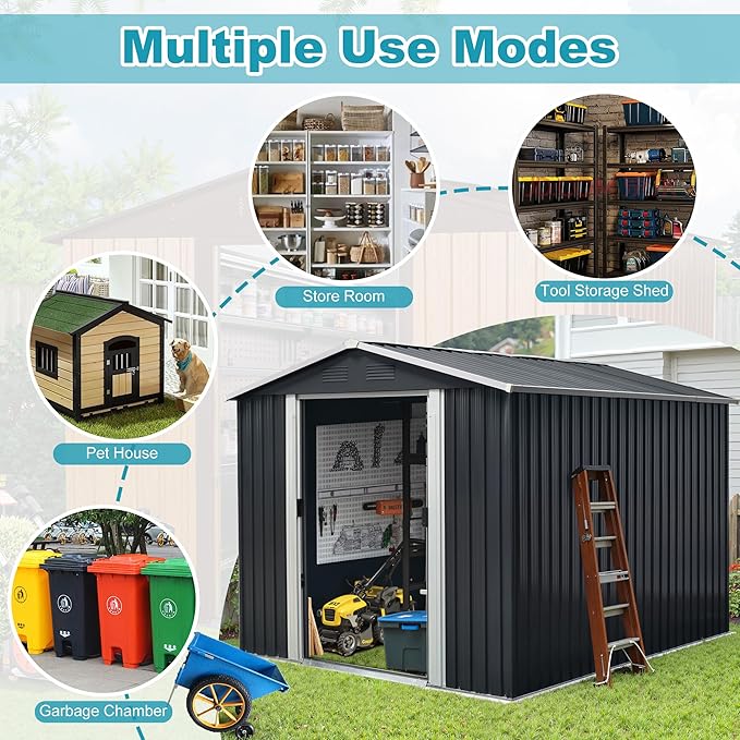 Sheds & Outdoor Storage 8ft x 10ft Metal Storage Shed with Metal Foundation, Gloves, Anchors, Tools Garden Tool Storage Cabinet with Secure Sliding Doors with Padlock for Backyard, Black