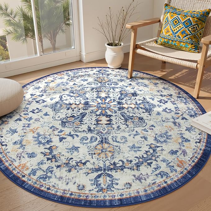 Lahome Bohemian Washable Round Rugs 6ft, Large Circle Rug for Living Room Bedroom, Soft Non-Slip Non-Shedding Loe Pile Printed Indoor Carpet for Kitchen Dining Room Office, Blue Purple/Multi