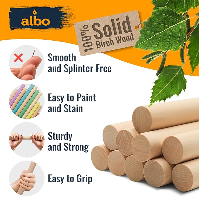 Albo 1" x 36" Wooden Dowel Rods Set - 10 Pack Birch Natural Long Craft Sticks Woodworking Furniture Garden Structures Hardwood Sanded Smooth Railings Supports Decor Crafts DIY Projects