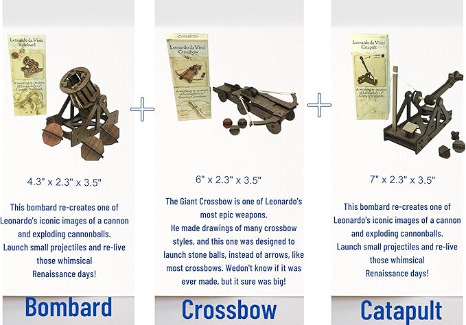 PATHFINDERS Leonardo Da Vinci weapons mini model kits catapult crossbow bombard set of 3 Engineering kits Educational Toys for Kids Science kit for Kids Age 8-10 10-12 stem Projects Wood Building Kits