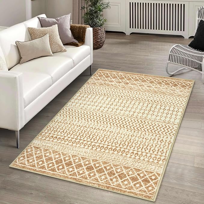 Moroccan Area Rug 3x5, Washable Non Slip Indoor Front Door Rug, Soft Non-Shedding Neutral Rug Carpet for Bedroom Kitchen Nursery Living Room Office Decor