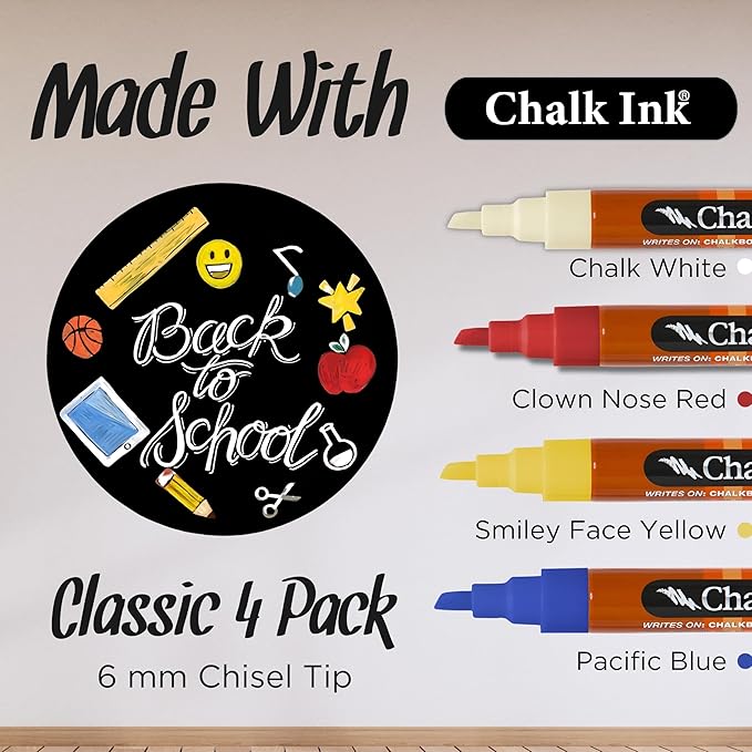 Chalk Ink Chisel Tip Wet Wipe Chalk Markers (6mm, Classic, 4 Pack)