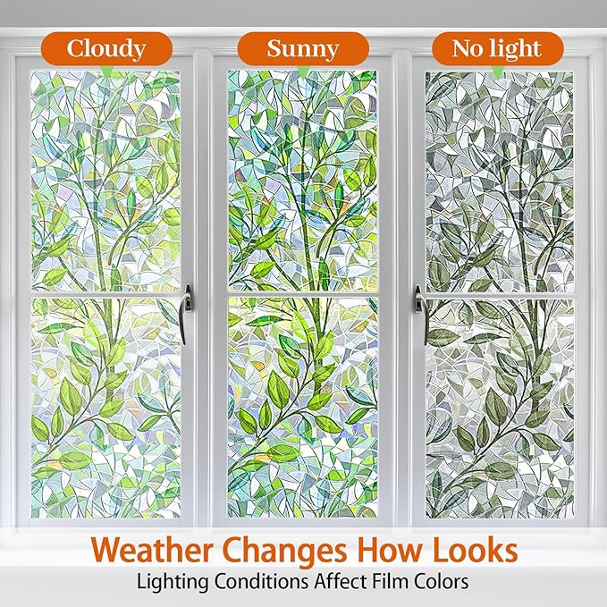Niviy Window Privacy Film Stained Glass Window Film with Installation Tools, Rainbow Windows Decorative Decals Non-Adhesive Reusable for Home, Bathroom, Glass Door (Leaf Rainbow, 23.6 x 78.7 in)