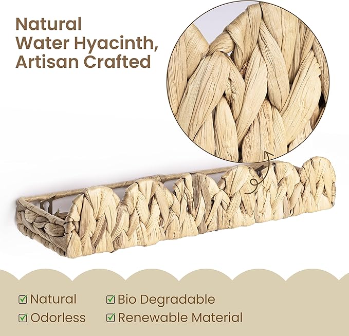 AELS Scalloped Nursery Bookshelf, Set of 4, Picture Ledge Shelf for Wall Decor, Woven Natural Water Hyacinth Floating Shelves for Books, Toys, Photo Frames, Nursery, Boho Modern Farmhouse Book Shelf