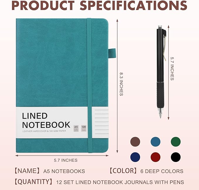 Aodaer 12 Set Lined Notebook Journals with Pens A5 Notebooks 100 GSM College Ruled Hardcover Notebook PU Leather Notepad with Pen Holder for Office School, 5.7 x 8.3 Inches, Deep Multicolor
