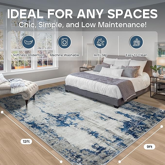 9x12 Area Rugs for Living Room Rug Washable: Modern Large Rug for Dining Room Bedroom Carpet Non Slip 9 by 12 Indoor Abstract Nursery Home Office Blue White