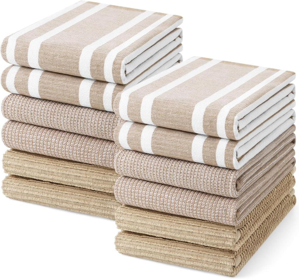 Homaxy Premium Kitchen Towels(18”x 28”, 12 Pack), Large Cotton 380 GSM Kitchen Hand Towels, Soft and Absorbent Terry Dish Towels, Multipurpose Tea Towel Set with Hanging Loop, Khaki