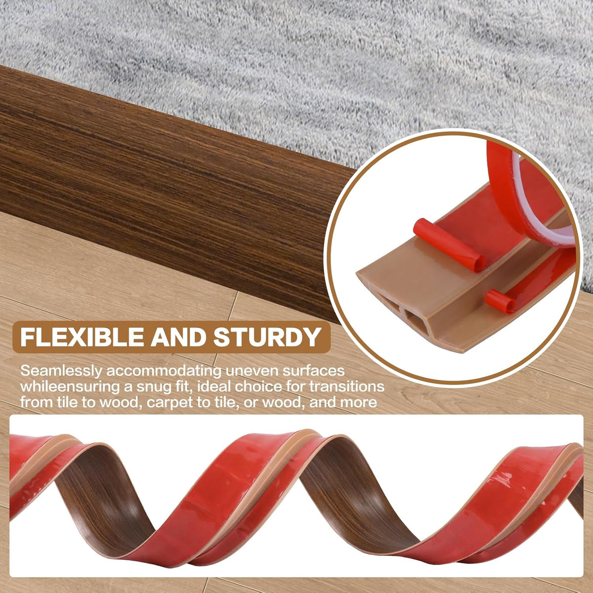 Floor Transition Strip Vinyl Door Threshold Ramp Self Adhesive Carpet Edging Strip Doorway Edge Trim, Overlap Edge Reducer for Laminate Carpet, Floor, Tile (Brown Wood Grain, 3/5" to 4/5", 3.3Ft)