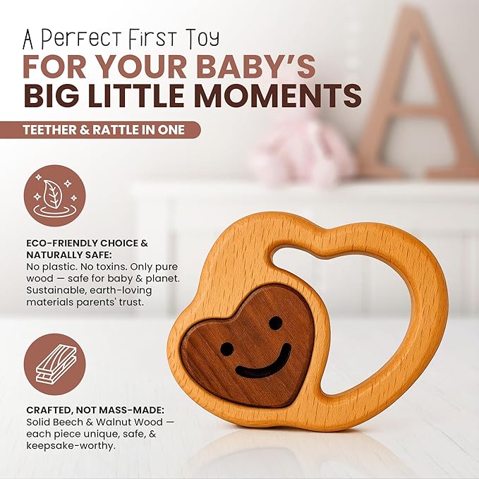 Baby Essentials – Wooden Teething Toy for 3–6 Months | Natural Baby Rattle | Safe Toys for Newborns