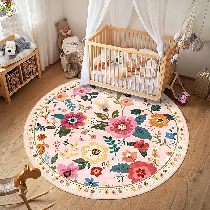 Floral 8ft Area Rug Machine Washable Soft Print Boho Carpet Non Slip Doormat Low Pile Flower Area Rugs for Living Room Bedroom Nursery Kitchen Dining Room Indoor-Pink