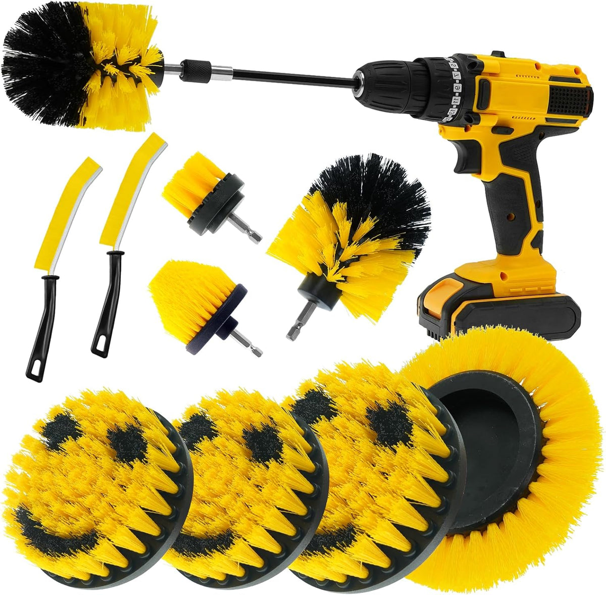 10 Pack Drill Brush Attachment Set, Drill Scrubber Brush Kit, Drill Cleaning Brush, Scrub Brush for Grout Floor Tub Shower Bathtub Tile Sink Toilet Bathroom Kitchen Car Yellow