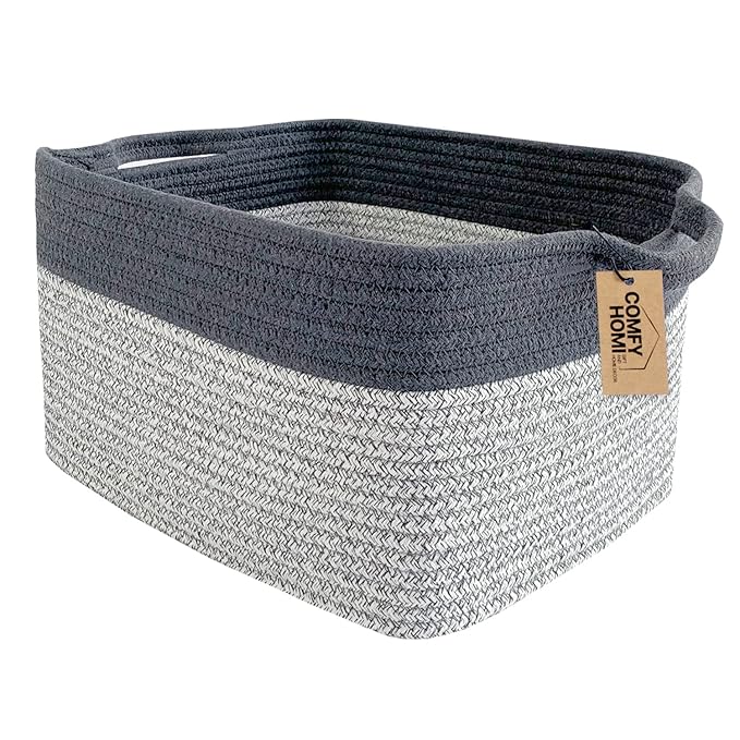 COMFY-HOMI Cotton Rope Woven Basket with Handles for Shelves,Toys,Book, Cloth Storage Baskets Bin for Organizing-13.5"x11"x9.5" Toy Decorative Organizer for Living Room, Bathroom-Light Grey