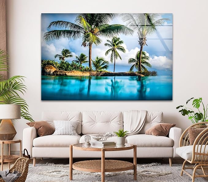 My Photostation.com 30Wx24H'' Island & Blue Sea Glass Wall ArtTempered Glass Printing Wall Decor Large Wall Art Wall Hangings