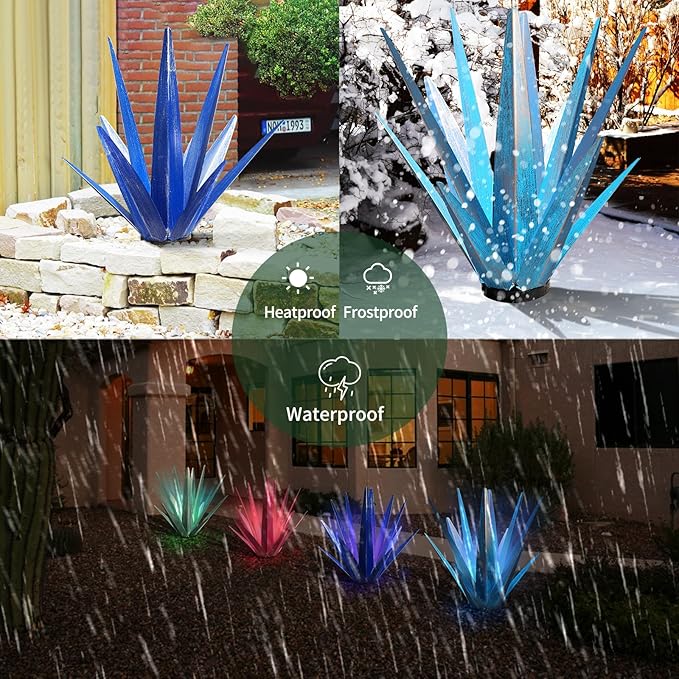 Large Tequila Rustic Sculpture, Rustic Metal Agave Plants for Outdoor Patio Yard, Home Decor Hand Painted Metal Agave Garden Yard Statue, Outdoor Lawn Ornaments (Dark Blue - L (W/Solar Light))