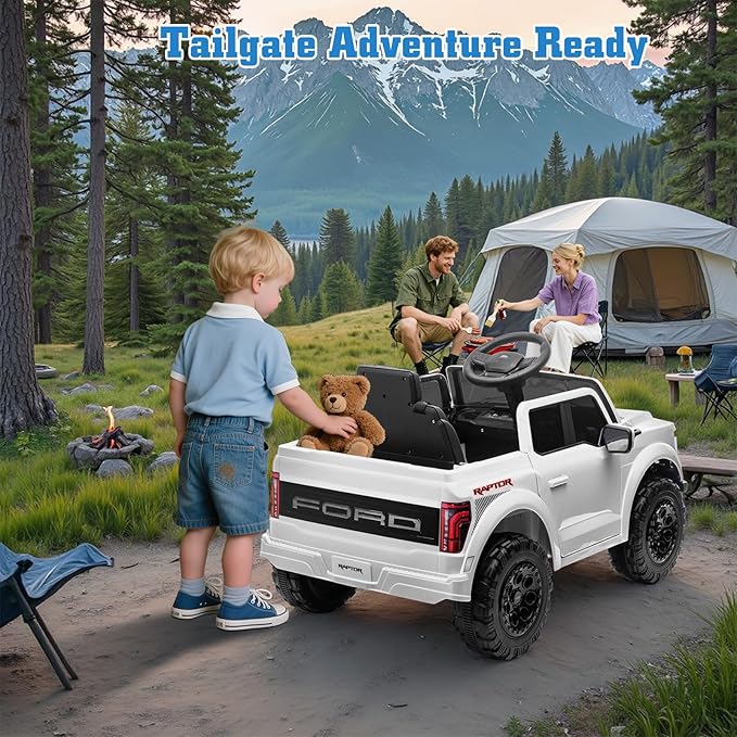 12V Ride on Car Licensed Ford F-150 Raptor, Kids Electric Car with Remote Control, LED Light/Music/MP3, Truck Bed Storage, 3-Point Seat Belt (12V, White)