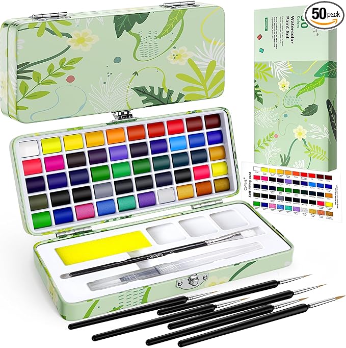 50 Colors Watercolor Paint Set with 6 Brushes, Portable Travel Water Color Kit with Carrying Case, Palette and Accessories, Non-Toxic Art Supplies Gift for Artists Adult Teen Kids Girls Boys