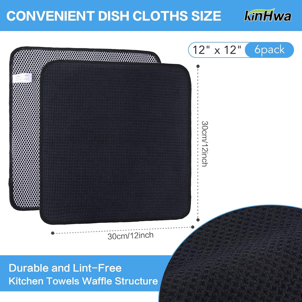 KinHwa Kitchen Washcloths for Dishes Absorbent Microfiber Dish Cloths Quick Dry Dish Rags with Poly Scour Scrub Side Ideal for Kitchen Cleaning (Black-B, 12inchx12inch 6 Pack)