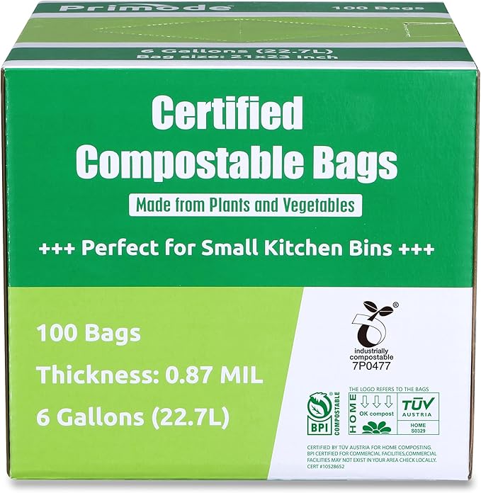 Primode Compostable Bags, 6 Gallon Food Scraps Yard Waste Bags, 100 Count, Extra Thick 0.87 Mil. ASTMD6400 Compost Bags Small Kitchen Trash Bags, Certified By BPI And TÜV AUSTRIA,