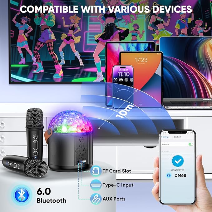 Karaoke Machine with Disco LED Lights for Adults Kids, Portable Bluetooth Speaker with 2 Wireless Microphone Toys Gifts for Girls Boys Birthday Family Home Party