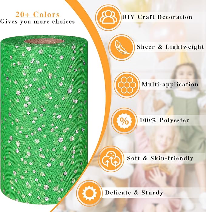 Glitter Tulle Rolls, 6' by 50 Yards (150FT) Sequin Tulle Netting Fabric for Tutu Skirts Sewing Birthday Wedding Party Decoration (Green)