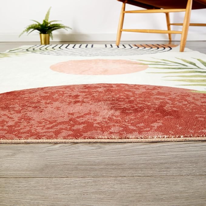 RoomTalks Boho Cute Bathroom Rugs Bath Mat Non Slip Washable, Modern Abstract Geometric Shape with Tropical Leaves 2x3 Small Area Rug for Bedroom Kitchen, Neutral Contemporary Retro Indoor Entry Rug