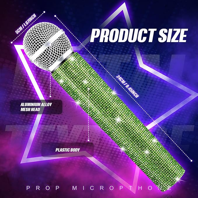 Sanwuta Fake Microphone Prop Sparkly Bling Rhinestones Plastic Play Microphone Pretend Glitter Bedazzled Mic for Cosplay Party Costume(Light Green)