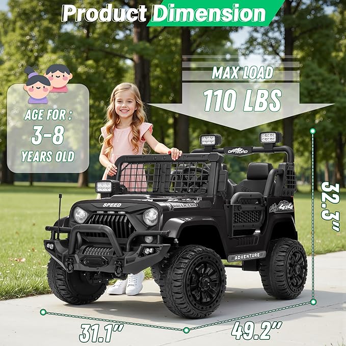 2 Seater Ride On Car Truck with Remote Control XL, Kids 24V Battery Powered Electric Vihicle w/21 in Seat, 3 Speeds, 2WD/4WD Switichable, Shock Absorbers,Bluetooth, Flower, Gift Choice