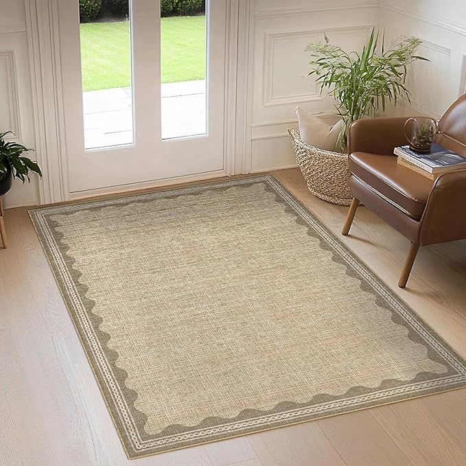 Scalloped Rug 4x6 Rugs for Entryway, Small Area Rugs Solid Jute Rug for Bedroom Girls, 4x6 Washable Rugs for Living Room, Non Slip Scalloped Bath Mat, Soft Dorm Nursery Carpet for Bedside