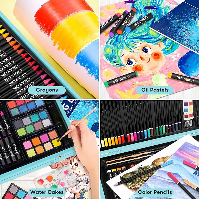 iBayam Art Supplies, 150-Pack Deluxe Wooden Art Set Crafts Drawing Painting Kit with 1 Coloring Book, 2 Sketch Pads, Creative Gift Box for Adults Artist Beginners Kids Girls Boys
