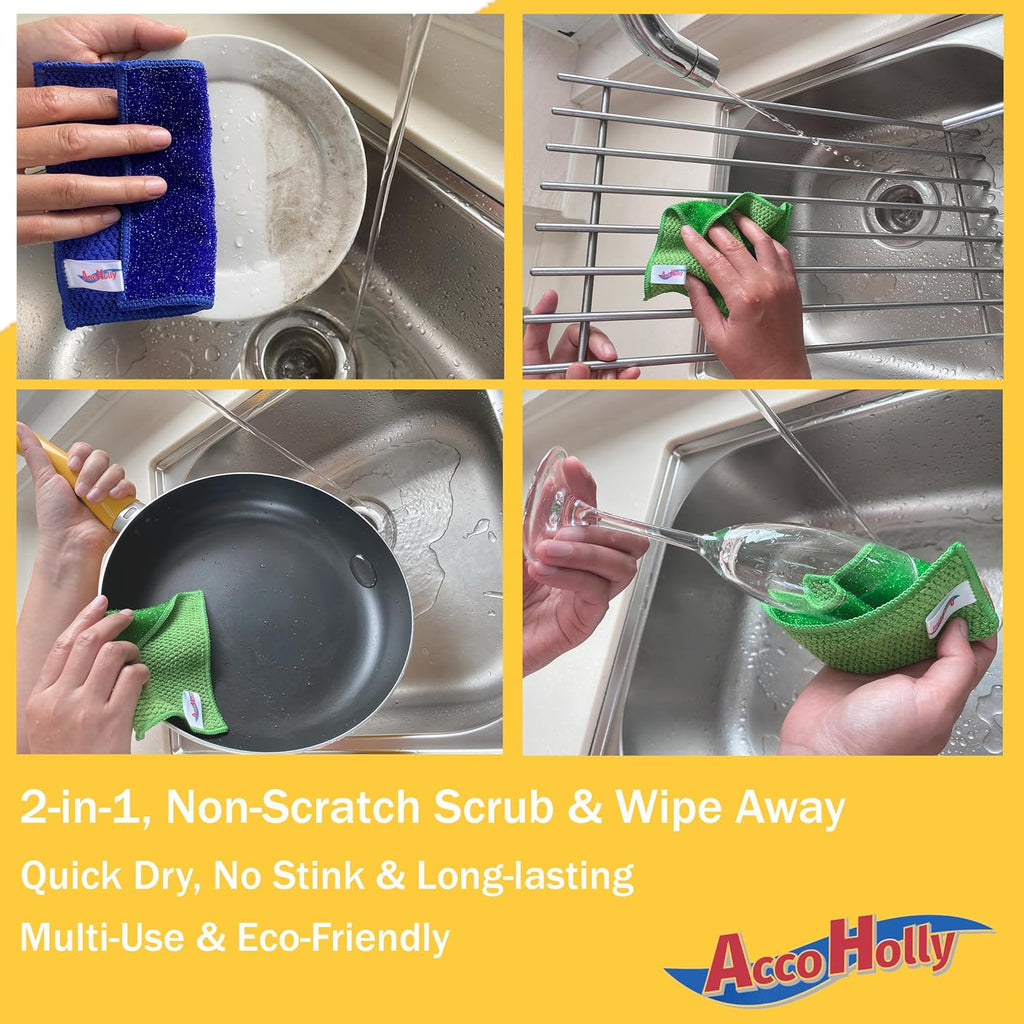 24 Pack Microfiber Scrub Dish Cleaning Cloth, Non-Scratch, Reusable & Durable for Dish Pan Pot Cooktop Stovetop Counter Kitchen, Machine Washable, 5.5 x 5.5 Inch, Blue & Green Color Assorted