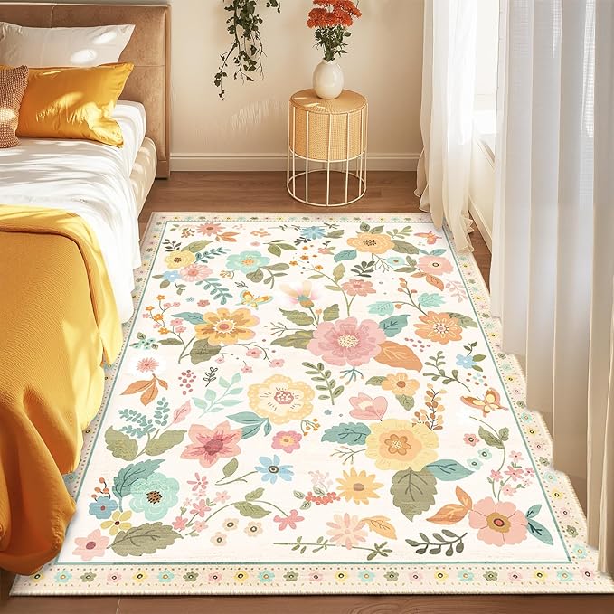 Floral 4x6 Area Rug Machine Washable Soft Print Boho Carpet Non Slip Doormat Low Pile Flower Area Rugs for Living Room Bedroom Nursery Kitchen Dining Room Indoor-Beige/White/Orange