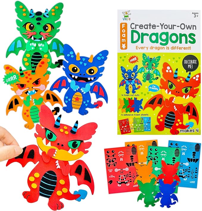 VKPI 4 Pieces EVA Foam Art Crafts Gift Kit, Creative Make Your Own Dragon, Cartoon Foam Paper Craft Projects for Kids Ages 4+ Toddler, Preschool Learning Toy for Birthday Party Favor Supplies