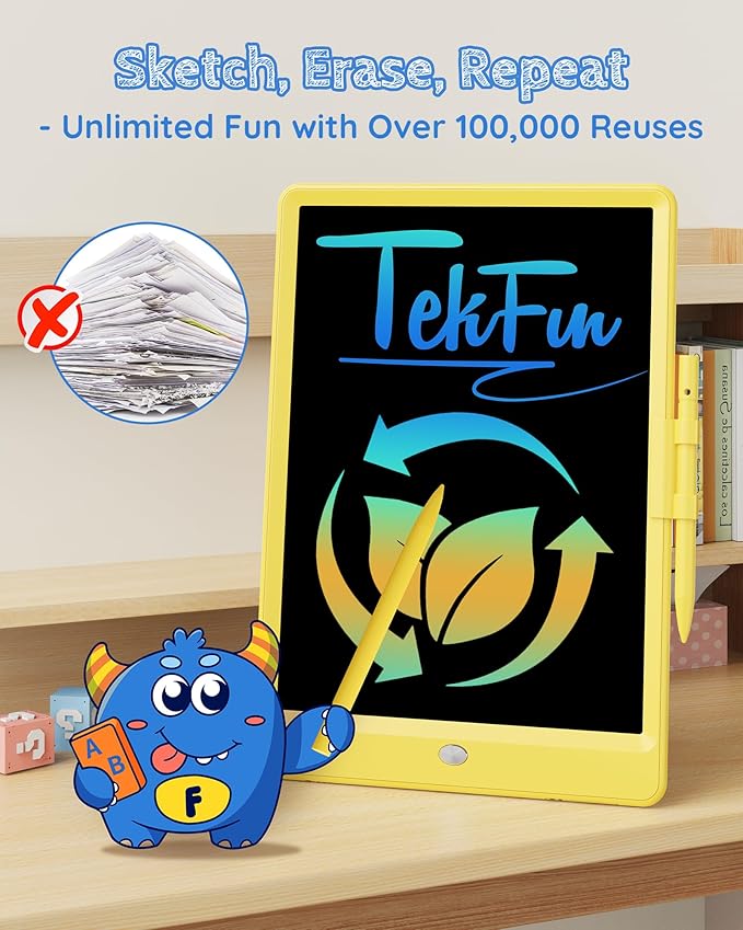 TEKFUN Toys for Girls Boys 10IN LCD Writing Tablet, Magic Doodle Board with Anti-Lost Stylus, Mess Free Coloring for Toddlers Drawing Pad, Toddler Travel Car Plane Trip Toys Gifts (Yellow)