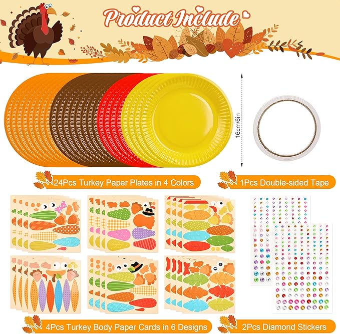 Bafeil 24 Sets Thanksgiving Turkey Craft Kits DIY Autumn Make a Turkey Paper Plate Crafts Turkey Ornaments Decorations Art Sets for Festive Fall Autumn Thanksgiving Party Classroom Activities