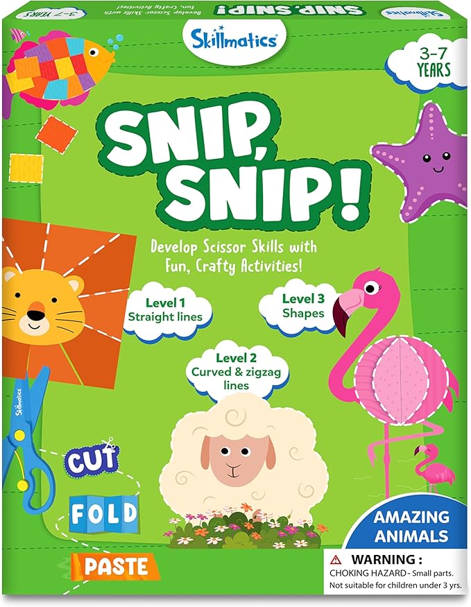 Skillmatics Scissor Skills Activity Book - Snip Snip Animals, Stocking Stuffers, 25 Fun Cutting & Creative Activities, 2 Child-Safe Scissors, Felt Craft Kit, Christmas Gift for Kids Ages 3, 4, 5, 6, 7