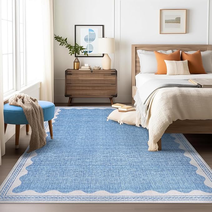 Scalloped Washable Rugs for Living Room, Solid Blue 6x9 Area Rugs for Bedroom Girls, Non Slip Scalloped Rug with Rubber Back, Soft Dorm Nursery 6x9 Rugs for Dining Room