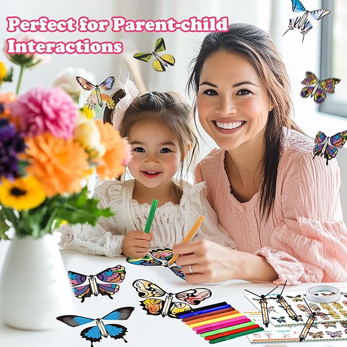 JOY SPOT! 28 Pack DIY Butterfly Craft Kit for Kids, 16 Paper Butterflies and 13 Color Pens, Make Your Own Rubber Band Wind Up Butterfly Toy, Perfect for Party Games, School Activities, Surprise Cards