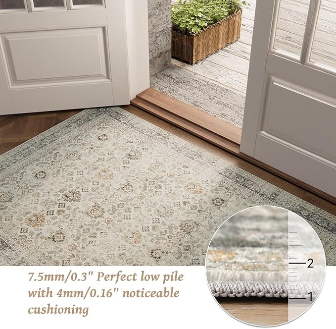 Washable 6x9 Area Rugs for Living Room, Boho Non-Slip Silicone Backing Large Rugs for Bedroom Dining Room Nursery Office, 0.3" Neutral Oriental Throw Carpet with 0.16" Cushioning Pad, Grey/Multi