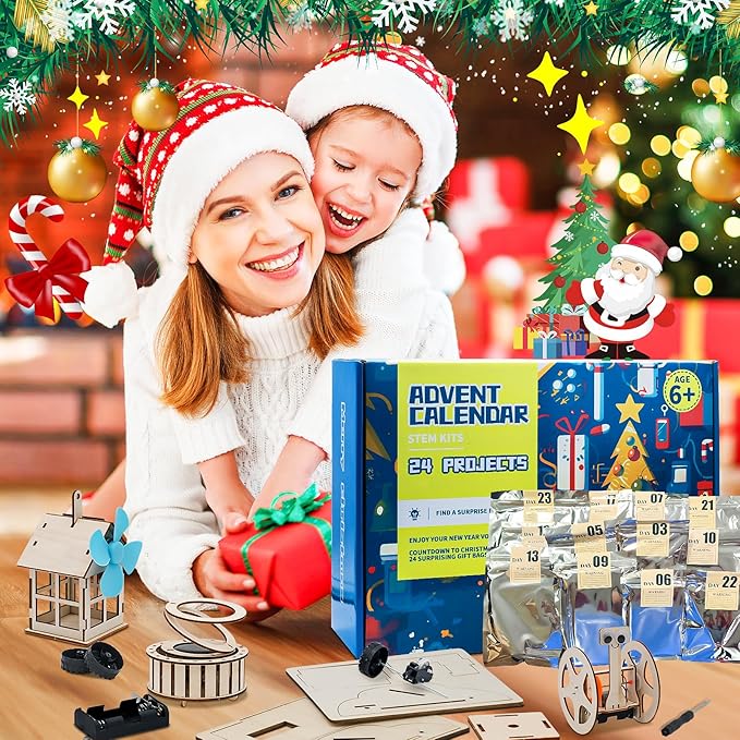 Christmas Advent Calendar 2024 Stem Kits Calendar for Kids Boys- 24 Days Christmas Countdown Educational Projects Crafts Advent Calendar Wooden Puzzles Xmas Surprise Gift for Kids Teens